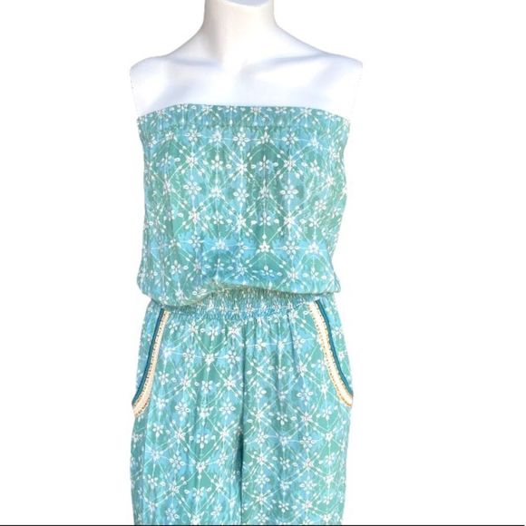 Skemo Turquoise Aqua Bohemian Beachy Beaded Strapless Smocked Blouson Jumpsuit M - Picture 2 of 10